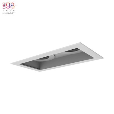 DLD Eiger 2 Recessed with trim Twin Fixed Downlight installed on white background with TrueColour CRI98 logo