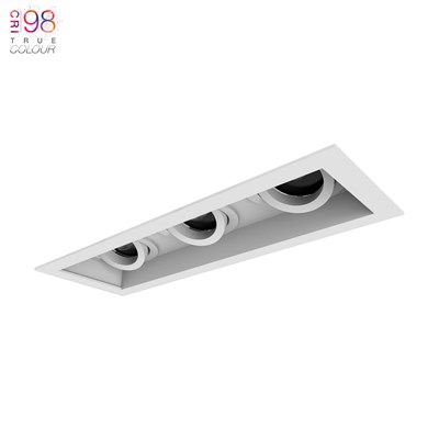 DLD Eiger 3 Recessed with trim triple Adjustable Downlight installed on white background with TrueColour CRI98 logo