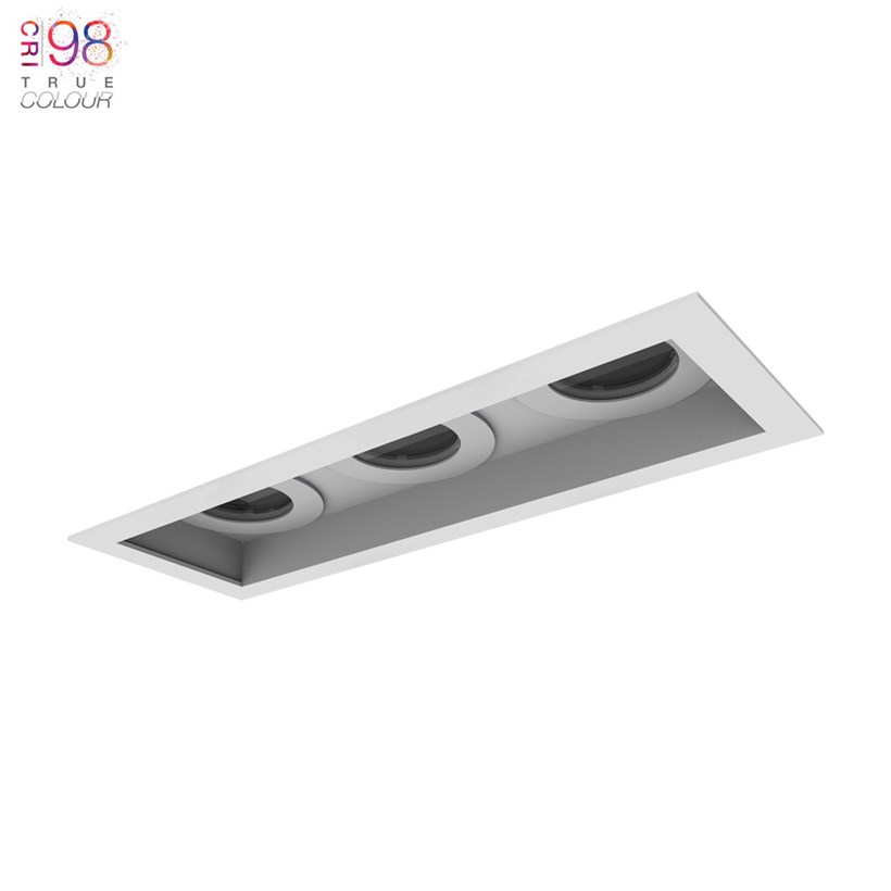 DLD Eiger 3 Recessed with trim triple Fixed Downlight installed on white background with TrueColour CRI98 logo
