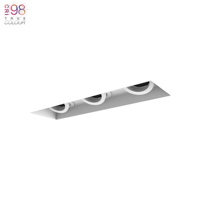 DLD Eiger 3 Plaster In triple Adjustable Downlight installed on white background with TrueColour CRI98 logo