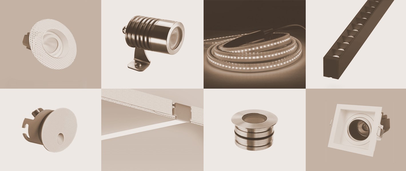 Lighting Specification and Supply - montage of contemporary products used on a specification, plaster-in trimless downlights, recessed downlights with trim, LED tape, aluminium profile, floor uplighters, recessed step lights, outdoor spike spots & track