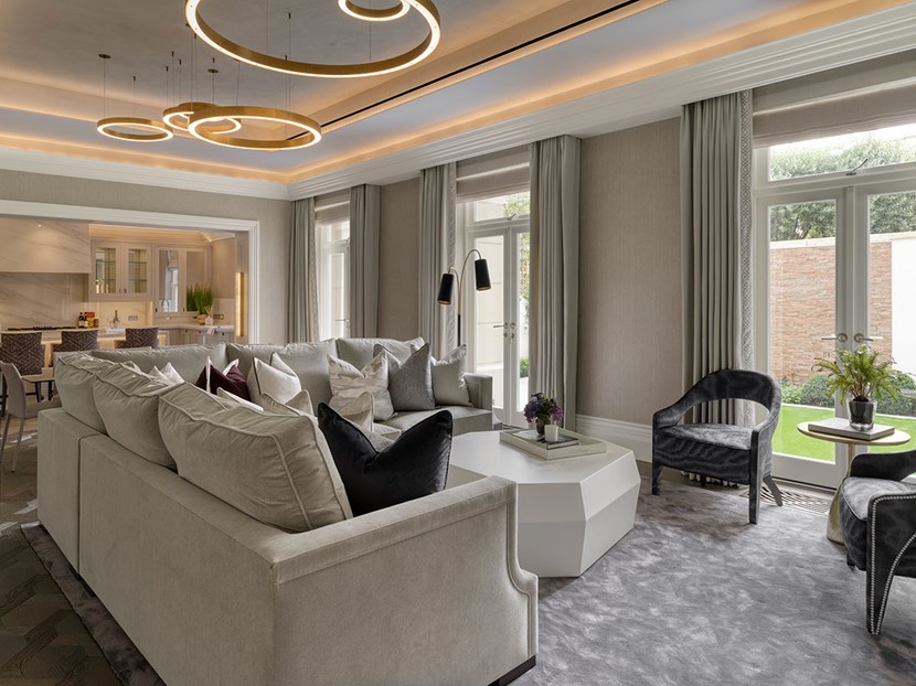 Lighting Design Lowndes Place bespoke circular chandeliers in contemporary living room