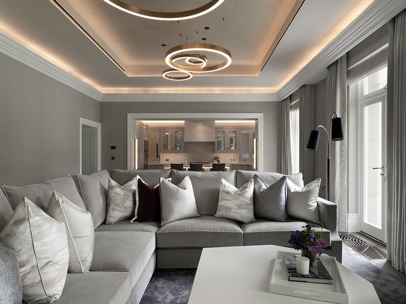 Lighting Design Lowndes Place bespoke circular chandeliers in contemporary living room