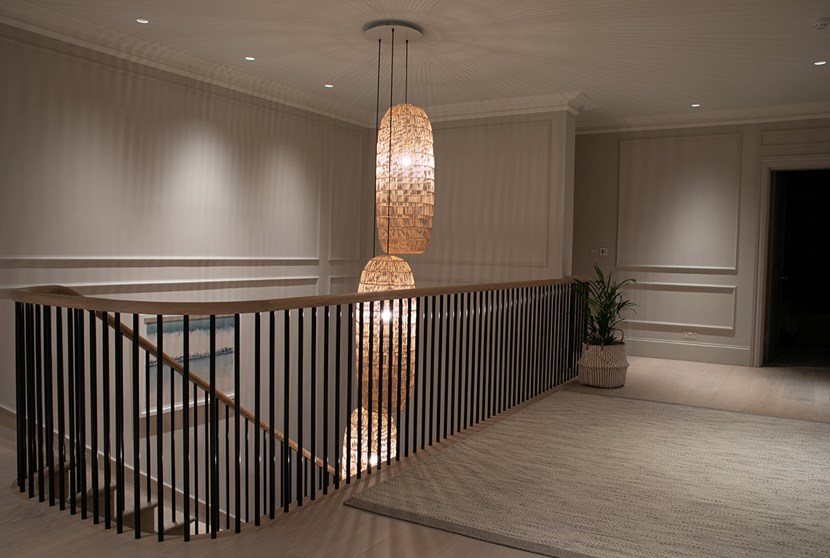Lighting Design Pickwick indoor upstairs landing staircase with statement pendant & wall washing plaster-in lighting