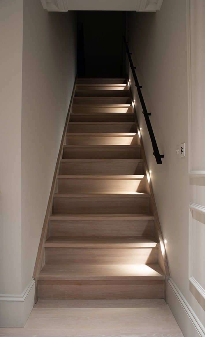 Lighting Design Pickwick indoor upstairs landing staircase leading to loft conversion with step washing lighting