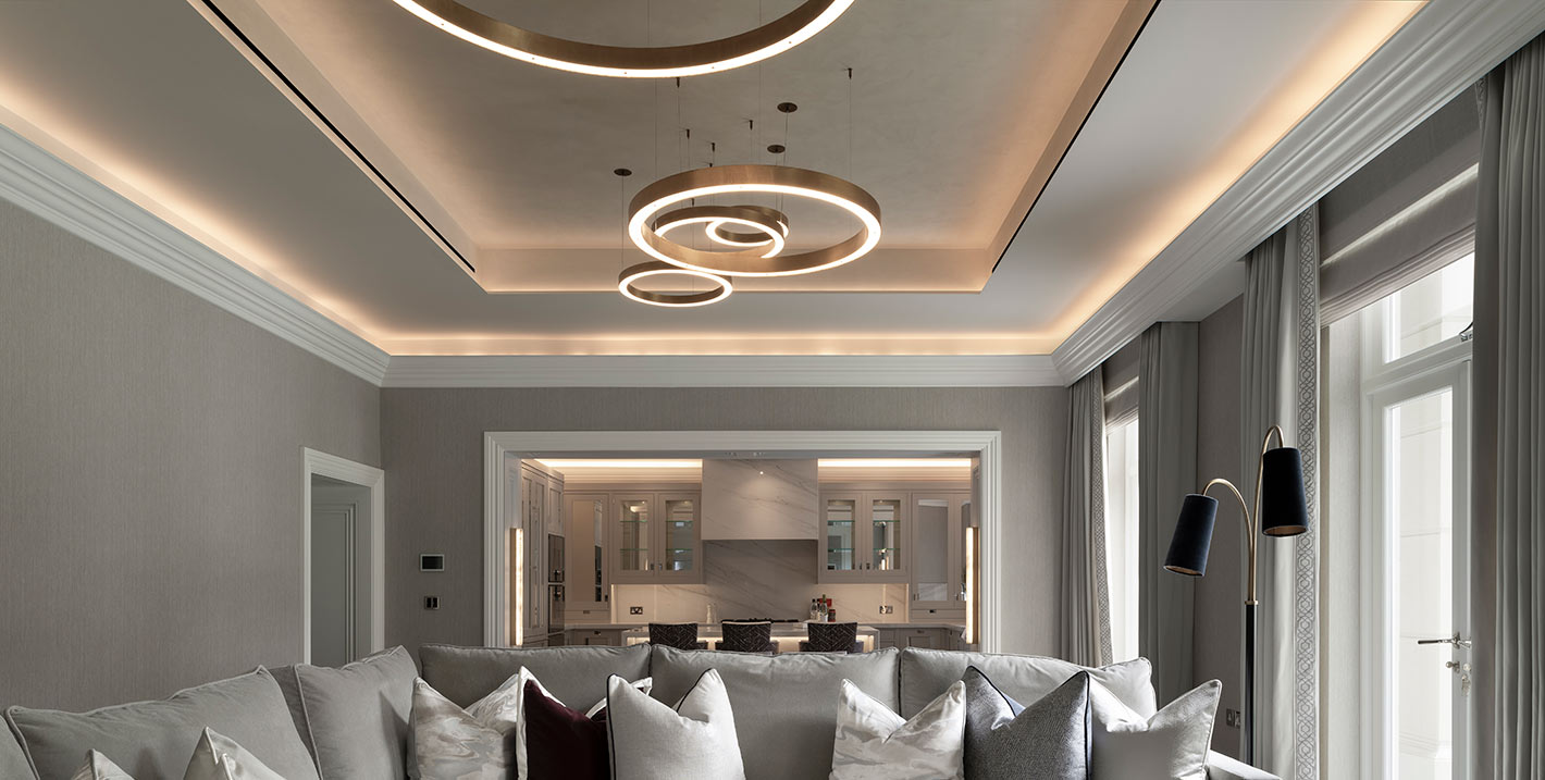 Lighting Design Lowndes Place bespoke circular chandeliers in contemporary living room