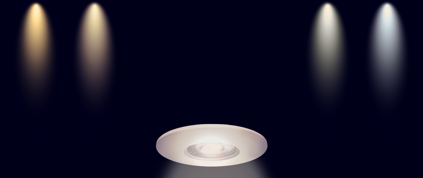 DLD X4 downlight with switchable CCT on black, spotlights showing extra warm 2700K, warm 3000K, neutral white 4000K & cool daylight 6000K