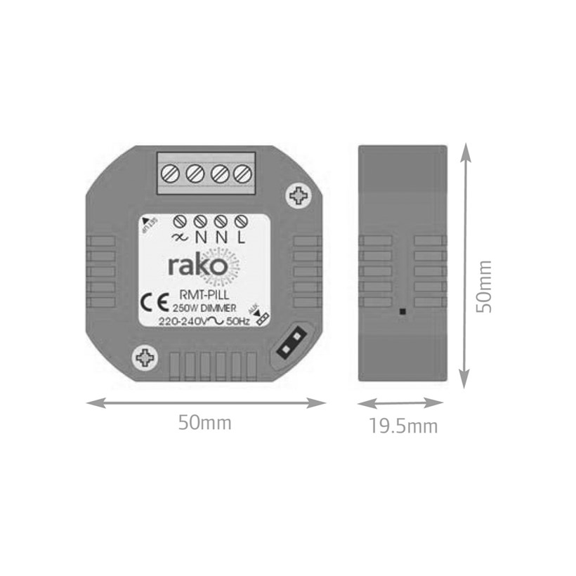 Dimensions diagram for Rako RMT-PILL wireless inline dimmer