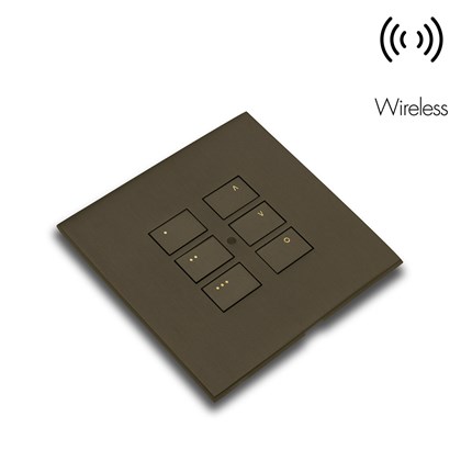 Rako EOS Wireless 6 push button wall plate in matt bronze with wireless icon in top corner