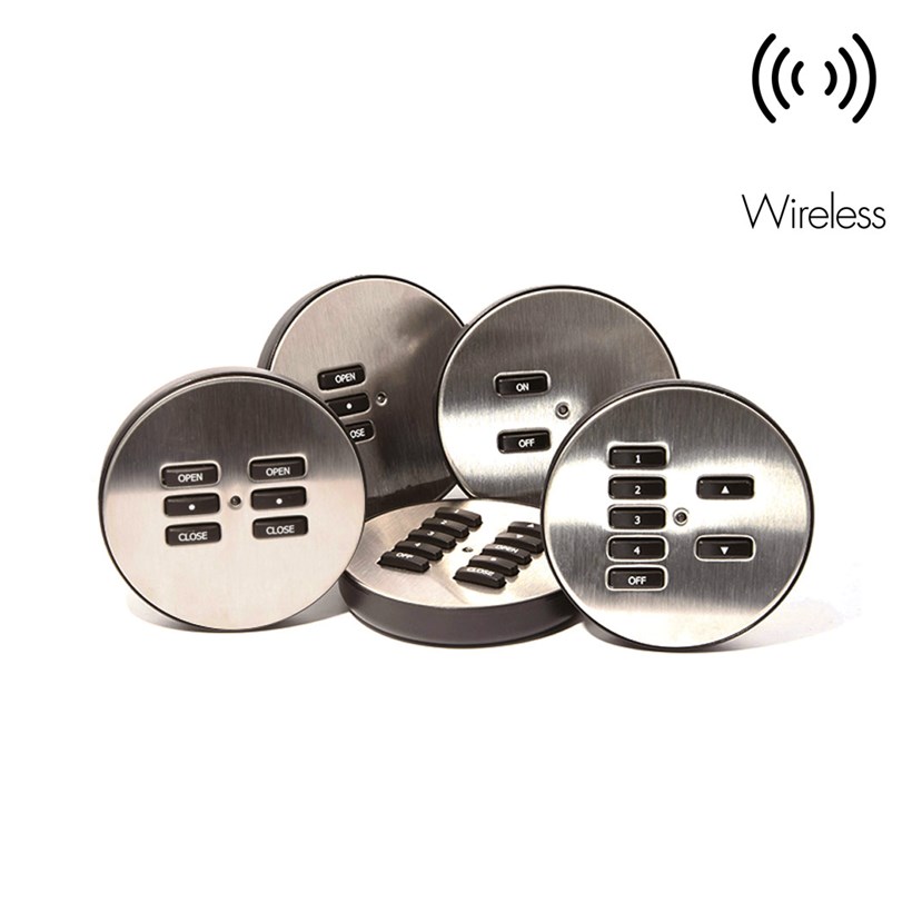 Rako RLC wireless handheld 2, 3, 6, 7 & 10 button modules in brushed stainless steel with wireless icon