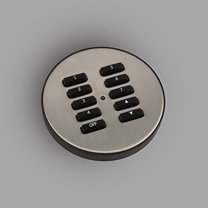 Rako RLC wireless handheld 2, 3, 6, 7 & 10 button modules in brushed stainless steel with wireless icon alternative image