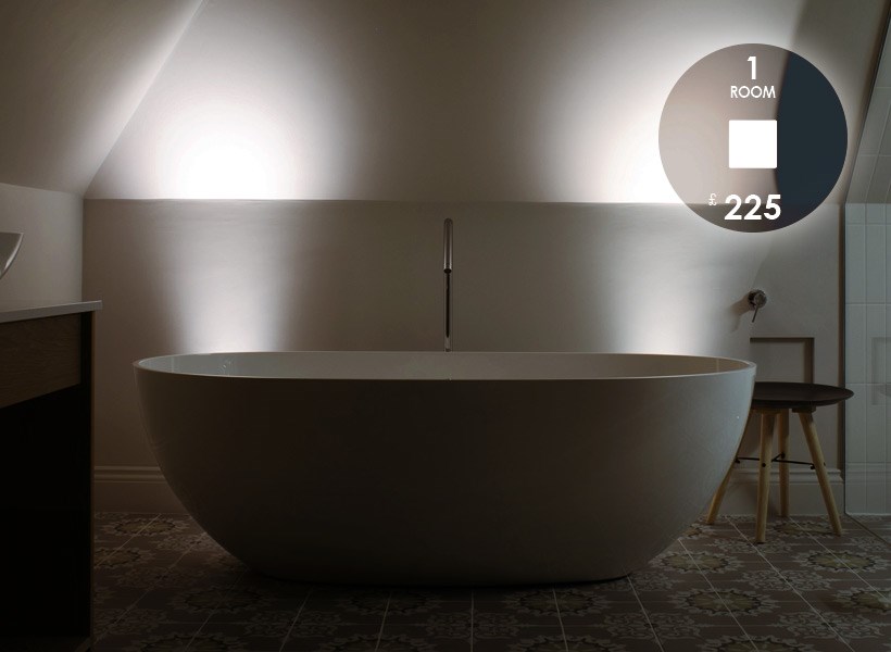 Lighting Design To Go: single room package £225, showing a modern bathroom with calming lighting & a free standing bath 
