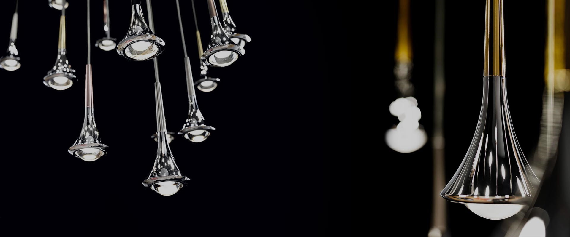 Cluster of Lodes Rain droplet shaped glass pendants on the left & a close up of the droplet shape on the right