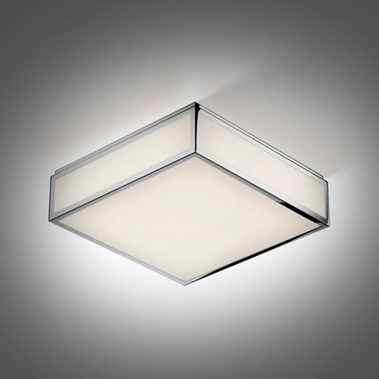 Bathroom Ceiling Lights: Glass & chrome metal square LED bathroom light on dark ceiling