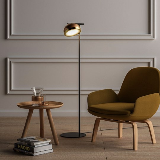 Floor Lamps: Contemporary adjustable floor lamp next to a mid century armchair and side table