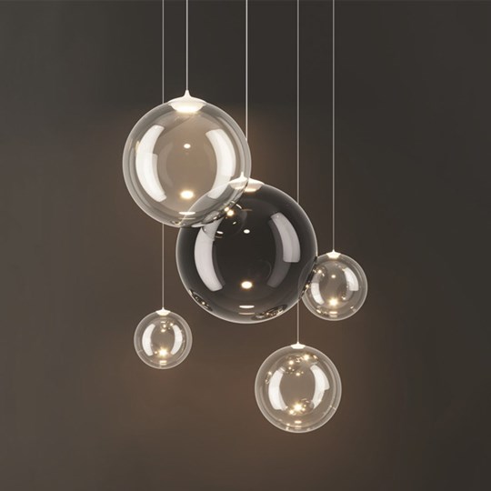 Pendant Lighting: Cluster of Lodes Random Solo spherical glass orb pendants on dark background