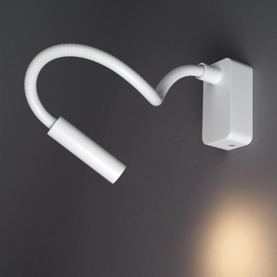Wall Mounted Reading Lights: Adjustable white wall mounted reading spot light installed on a wall in a dark room