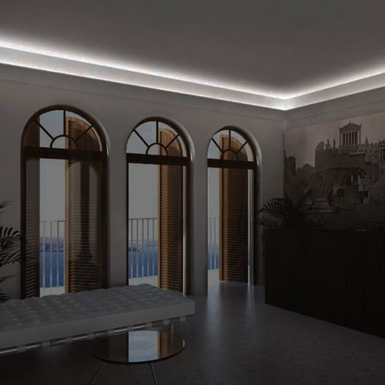 Elegant minimal cornice coving with ambient LED linear lighting in modern room 