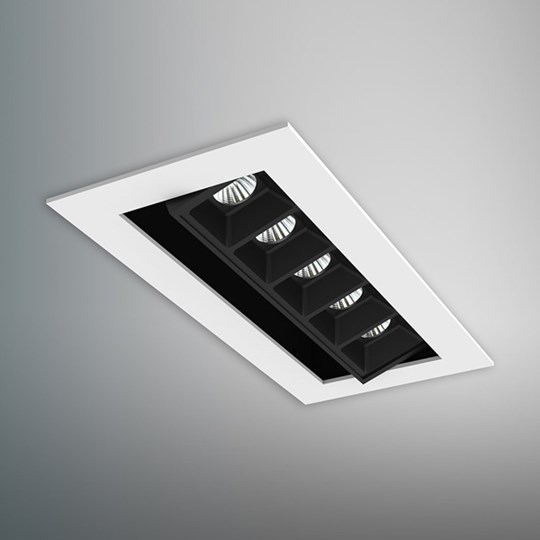 Adjustable downlight fitting with white trim and 5 downlights recessed into a grey ceiling