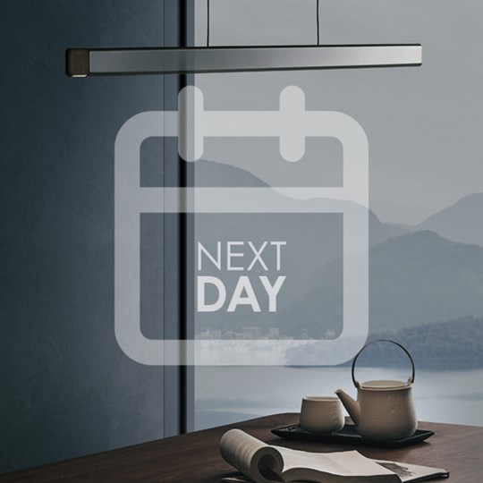 Next Day Delivery: calendar icon over Seed Design Mumu linear pendant over table with mountains in background