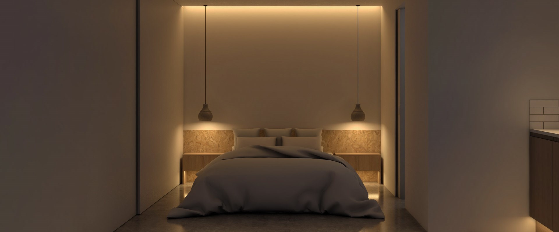 3D computer generated render of a contemporary bedroom, showing the lighting effects of LED mood lighting
