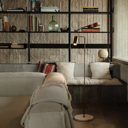 Contain Book XL Floor Arm Lamp with brushed brass and white terrazzo stone alternative image