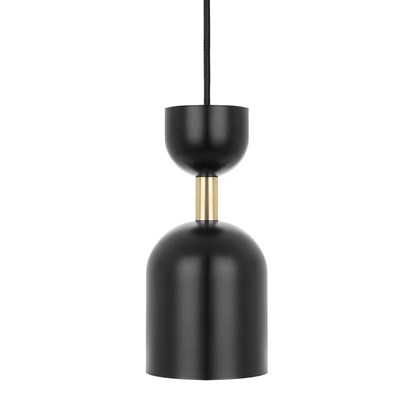 Black metallic pendant light with brass tube connecting two elongated hollow dome shapes. 