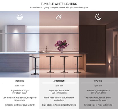 Tunable White Lighting to support human circadian rhythm, from 2200K to 6500K