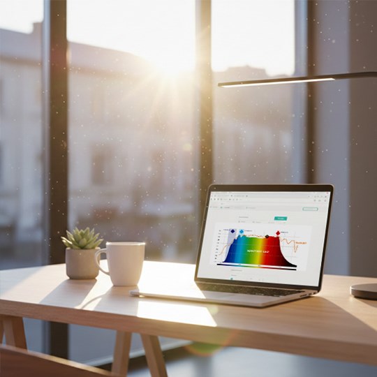 Minimalist office with natural sunlight coming through the window to represent full spectrum human centric lighting