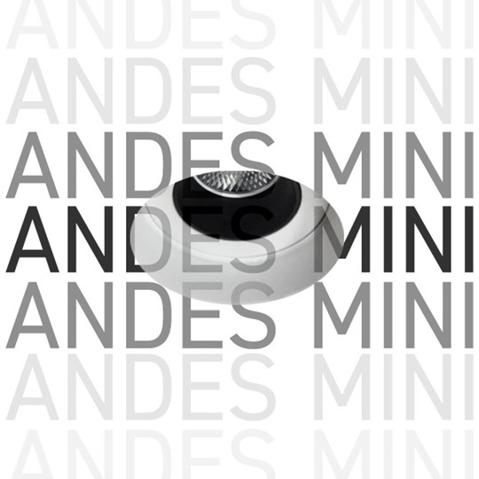 Andes Mini downlight on white background, with overlaid typography