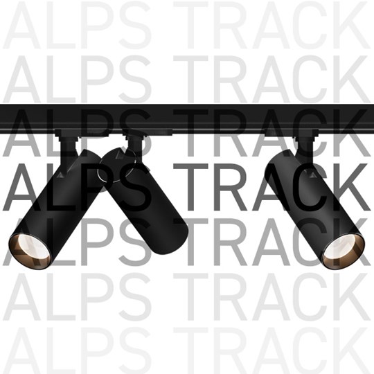 Alps track with 3 spotlights in black on white background, with overlaid typography
