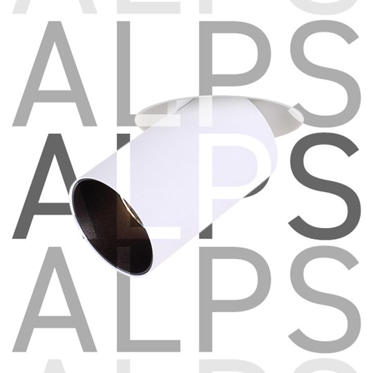 Alps pop out recessed spotlight on white background, with overlaid typography