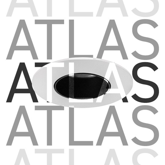 Atlas downlight on white background, with overlaid typography