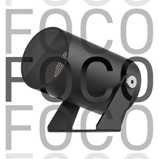 Foco outdoor spotlight on white background, with overlaid typography