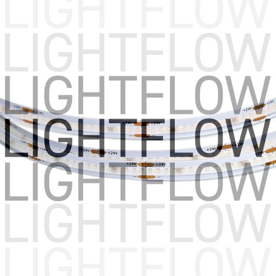 Lightflow LED tape strip on white background, with overlaid typography