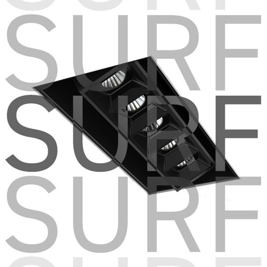 Surf multi downlight on white background, with overlaid typography