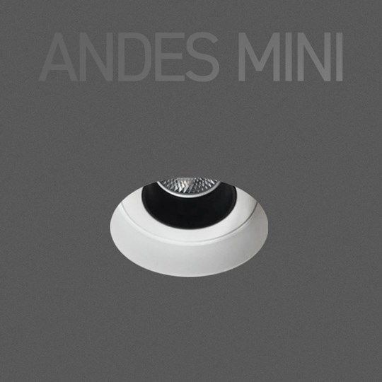 Andes Mini downlight on dark background, with overlaid typography