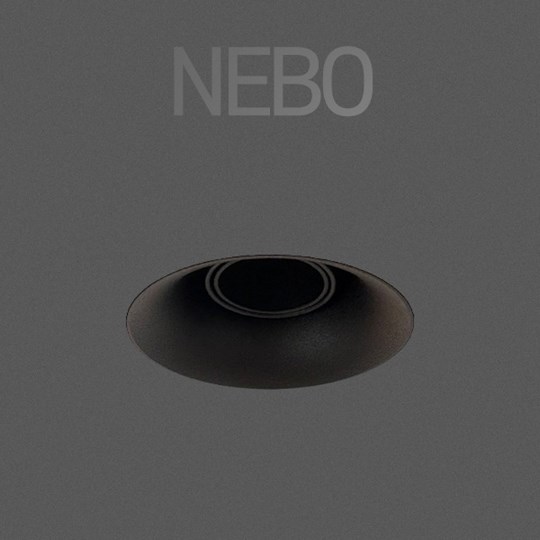 Nebo trimless downlight on dark background, with overlaid typography