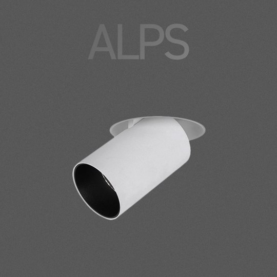 Alps pop out recessed spotlight on dark background, with overlaid typography