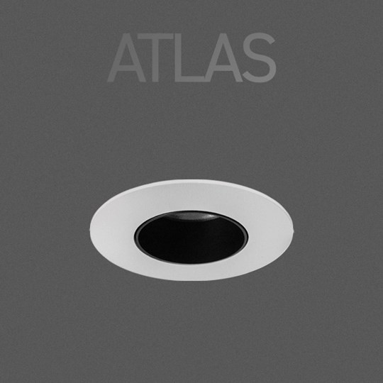 Atlas downlight on dark background, with overlaid typography