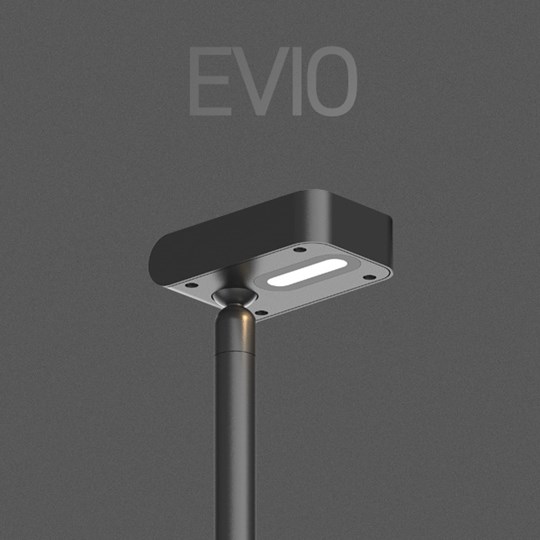 Evio outdoor bollard path light on dark background, with overlaid typography
