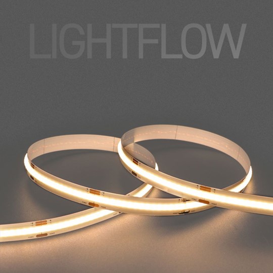 Lightflow LED tape strip on dark background, with overlaid typography
