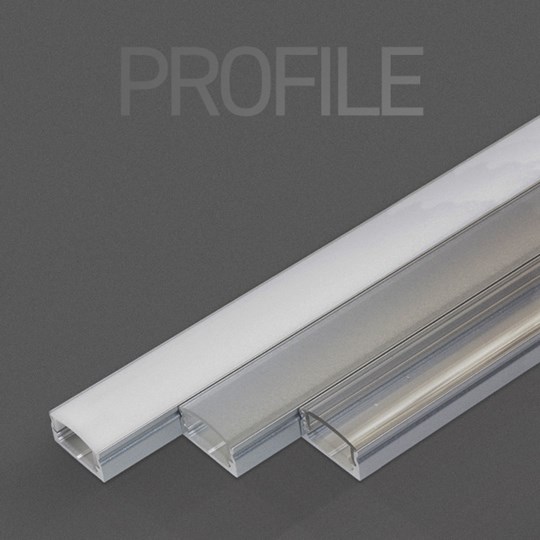 Topline linear aluminium profile on dark background, with overlaid typography