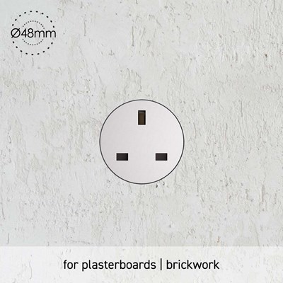 Rond UK Power Socket Retrofit Trimless installed in plasterboard 48mm diameter