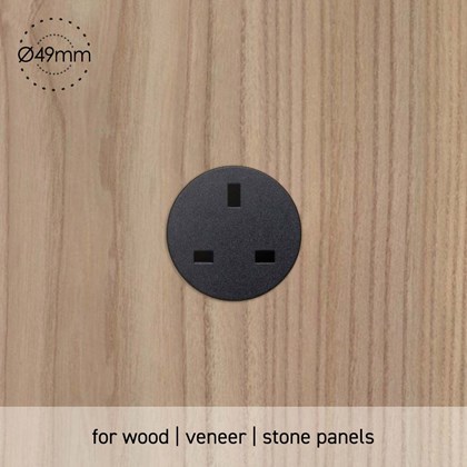 Rond UK Power Socket Unifit Unwired Installed Into wood panel 49mm diameter