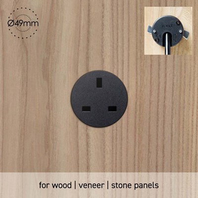 Rond UK Power Socket Unifit Wired version installed into wood panel 49mm diameter