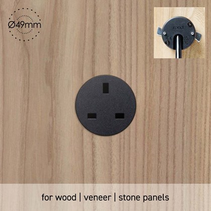 Rond UK Power Socket Unifit Wired version installed into wood panel 49mm diameter