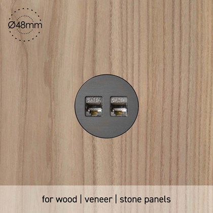 Rond UK Data Port Trimless Backfit Wall Socket installed into wood panel 48mm diameter
