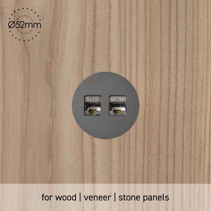 Rond UK Data Port Small Trim Multifit Wall Socket installed in wood panel 52mm diameter