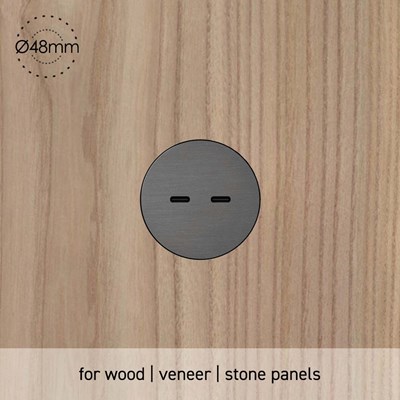 Rond UK Dual USB C Multifit Small Trimless socket installed into wood panel 48mm diameter